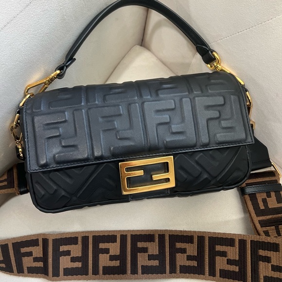 Fendi Handbags - Fendi Baguette NM Zucca Embossed Leather Medium Bag